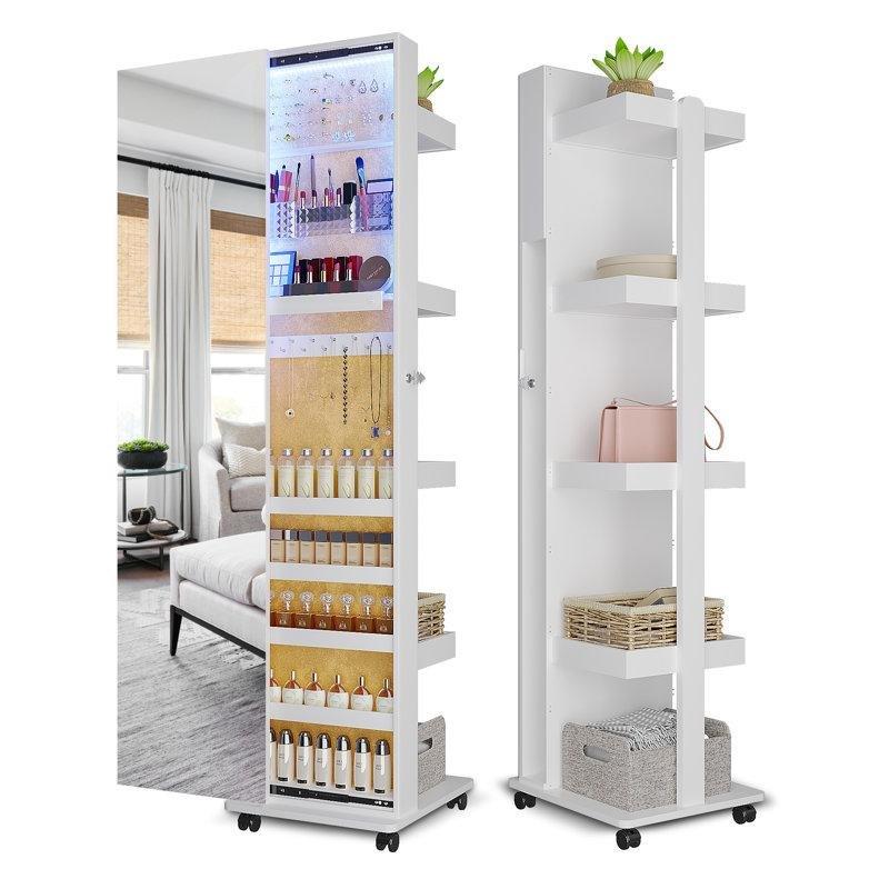 Ahşap 360° Dönebilen LED Işıklı Kilitli Ayaklı Takı Dolabı - 161x40x40 cm - 145257