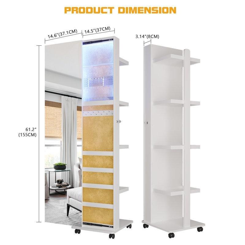 Ahşap 360° Dönebilen LED Işıklı Kilitli Ayaklı Takı Dolabı - 161x40x40 cm - 145257