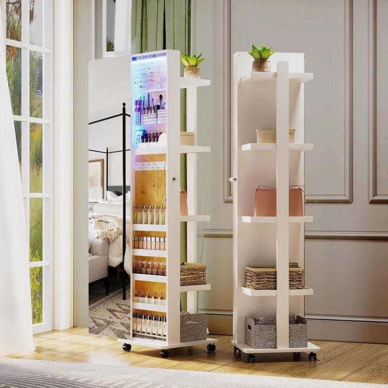 Ahşap 360° Dönebilen LED Işıklı Kilitli Ayaklı Takı Dolabı - 161x40x40 cm - 145257