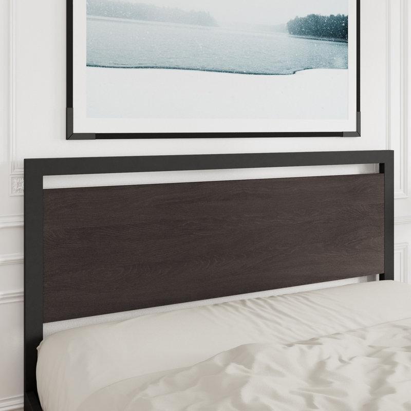 Ahşap Başlıklı Siyah Metal Endüstriyel Tasarım Karyola - 158x209 cm - 143281