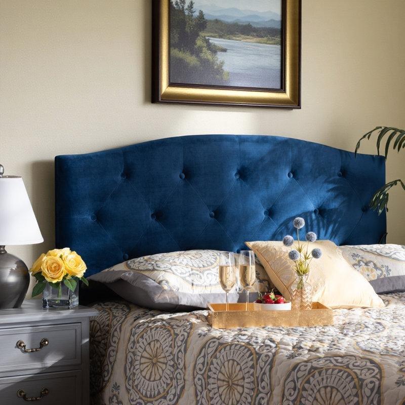 Ahşap Kapitoneli Kemerli Kadife Lacivert Yatak Başlığı - 145 cm - 145017