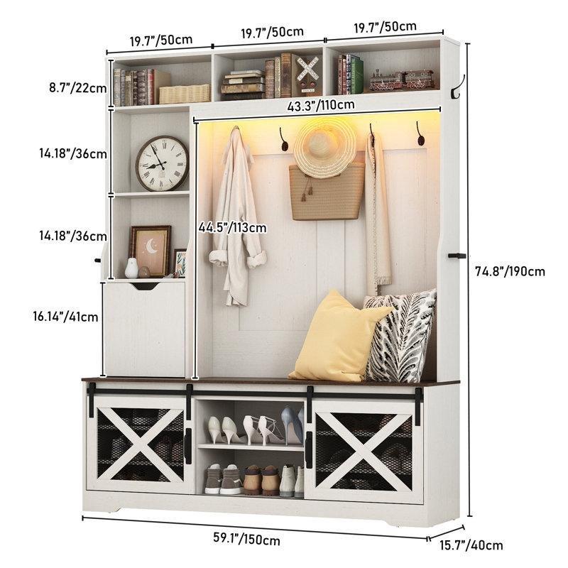 Ahşap LED Işıklı Oturaklı Ayakkabılıklı Şemsiyelikli Çekmeceli Portmanto Vestiyer - 151x40x190 cm - 159841