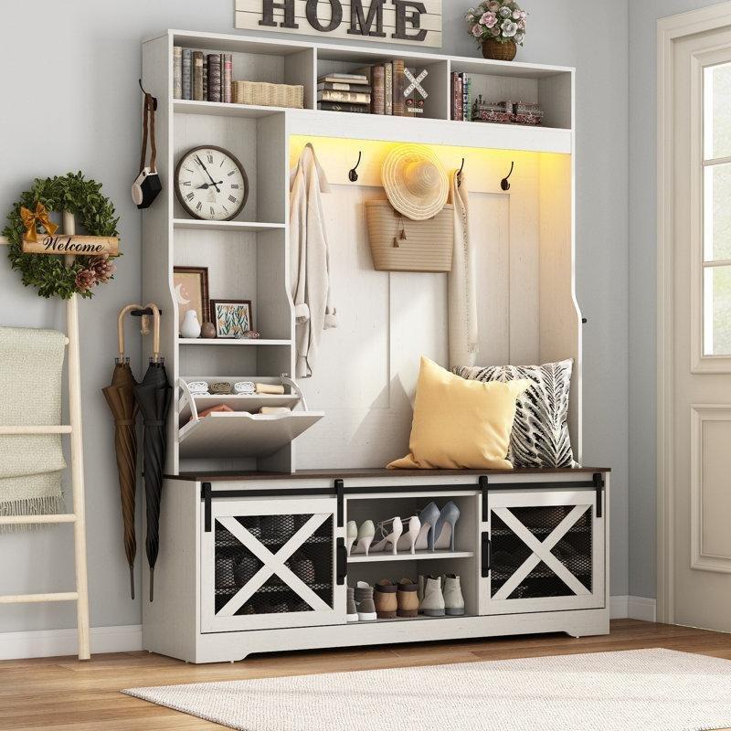 Ahşap LED Işıklı Oturaklı Ayakkabılıklı Şemsiyelikli Çekmeceli Portmanto Vestiyer - 151x40x190 cm - 159841