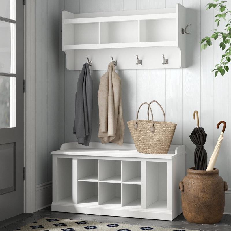 Ahşap Oturaklı Ayakkabılıklı Duvara Monte Portmanto Vestiyer - 101 cm - 159442