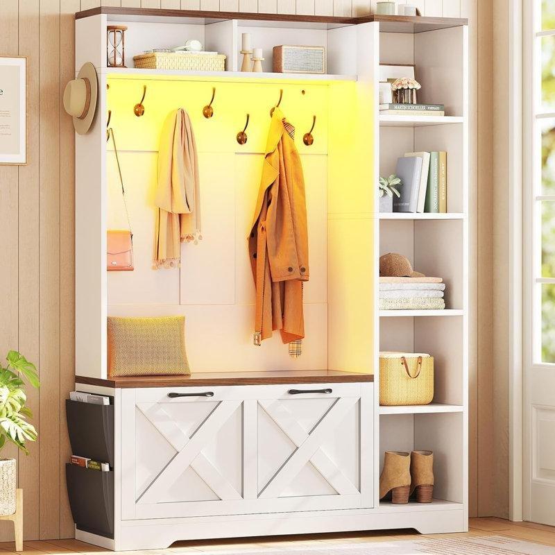Ahşap Oturaklı ve Ayakkabı Dolaplı LED Aydınlatmalı Portmanto Vestiyer - 110 cm - 159706
