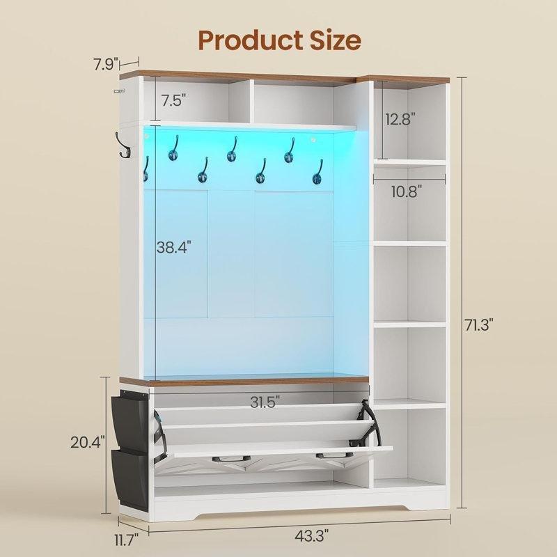 Ahşap Oturaklı ve Ayakkabı Dolaplı LED Aydınlatmalı Portmanto Vestiyer - 110 cm - 159706