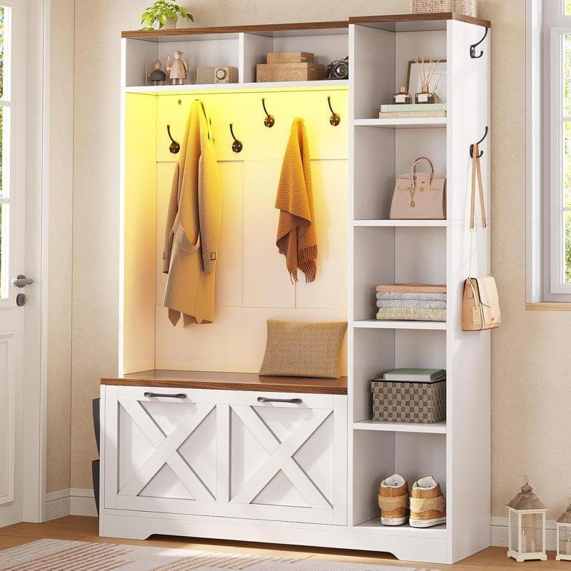 Ahşap Oturaklı ve Ayakkabı Dolaplı LED Aydınlatmalı Portmanto Vestiyer - 110 cm - 159706