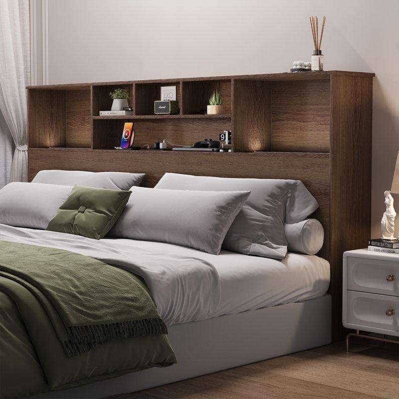 Ahşap Raflı LED Işıklı Şarj İstasyonlu Kitaplık Yatak Başlığı - 165 cm - 144798
