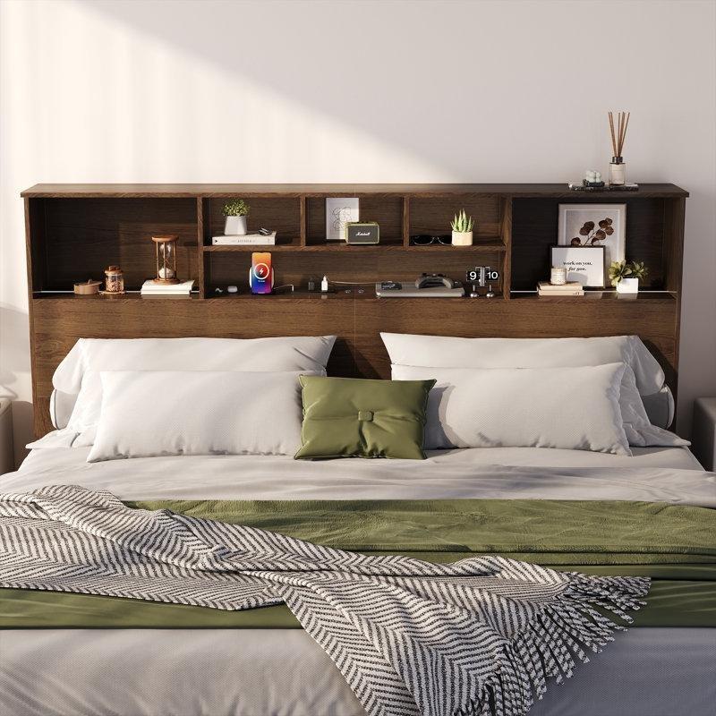 Ahşap Raflı LED Işıklı Şarj İstasyonlu Kitaplık Yatak Başlığı - 165 cm - 144798