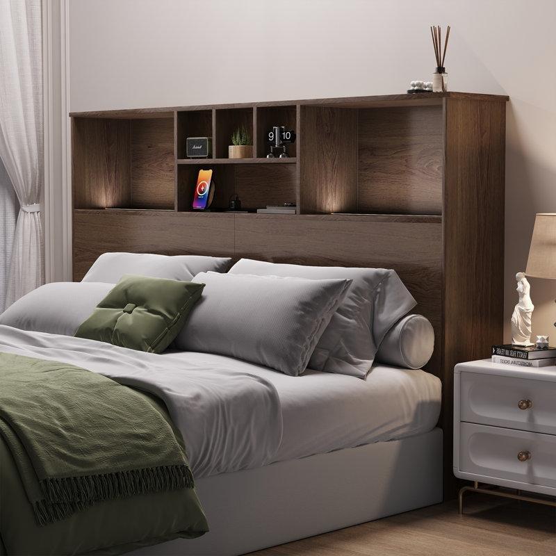 Ahşap Raflı LED Işıklı Şarj İstasyonlu Kitaplık Yatak Başlığı - 165 cm - 144798