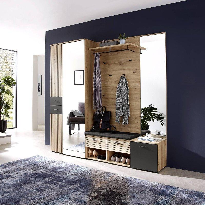 Ahşap ve Siyah Çıtalı Aynalı Oturaklı Portmanto Vestiyer Seti - 210 cm - 159022