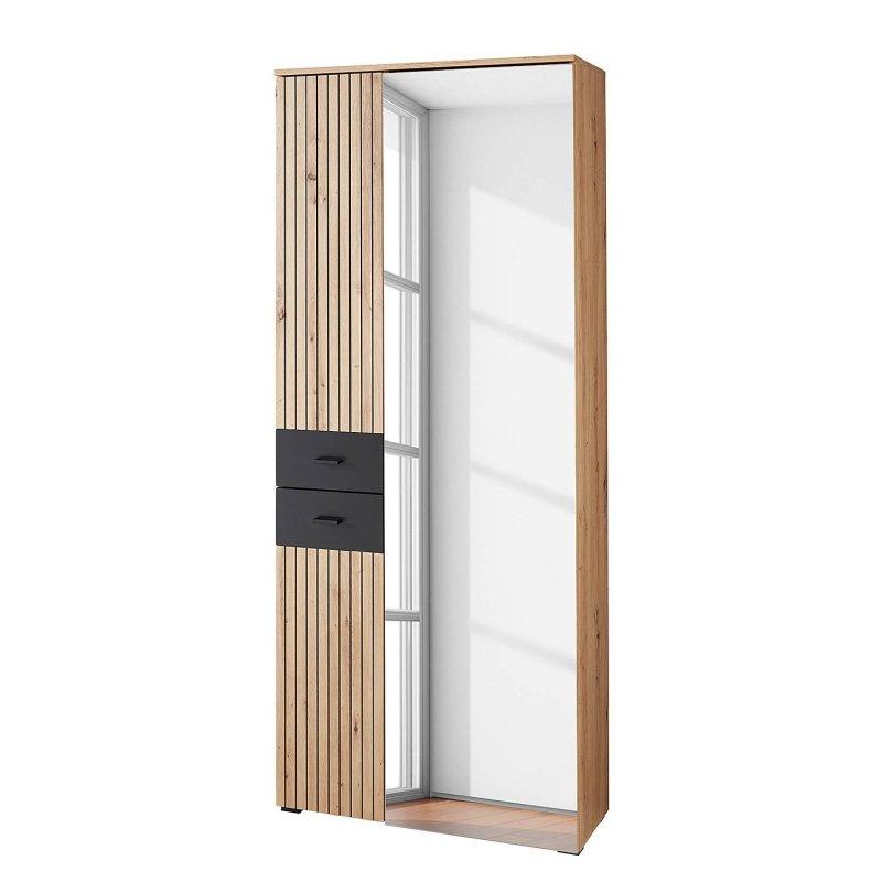 Ahşap ve Siyah Çıtalı Aynalı Oturaklı Portmanto Vestiyer Seti - 210 cm - 159022