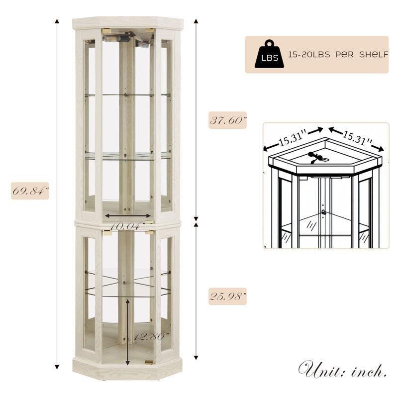 Antik Beyaz Ahşap Işıklı Ayarlanabilir Raflı Köşe Vitrin - Gümüşlük - 178 cm - 157252