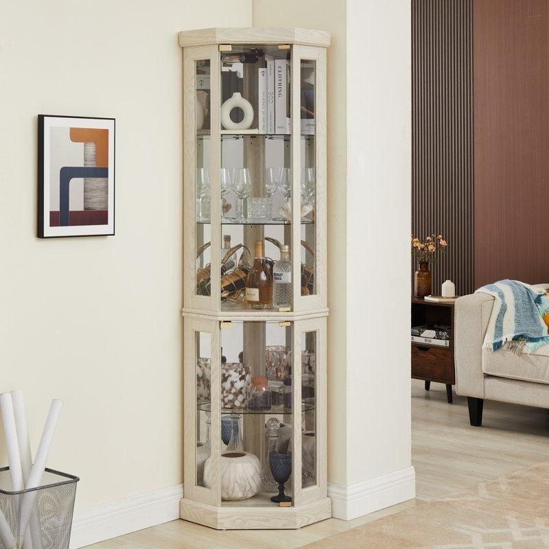 Antik Beyaz Ahşap Işıklı Cam Köşe Vitrin - Gümüşlük - 178x39x39 cm - 157060