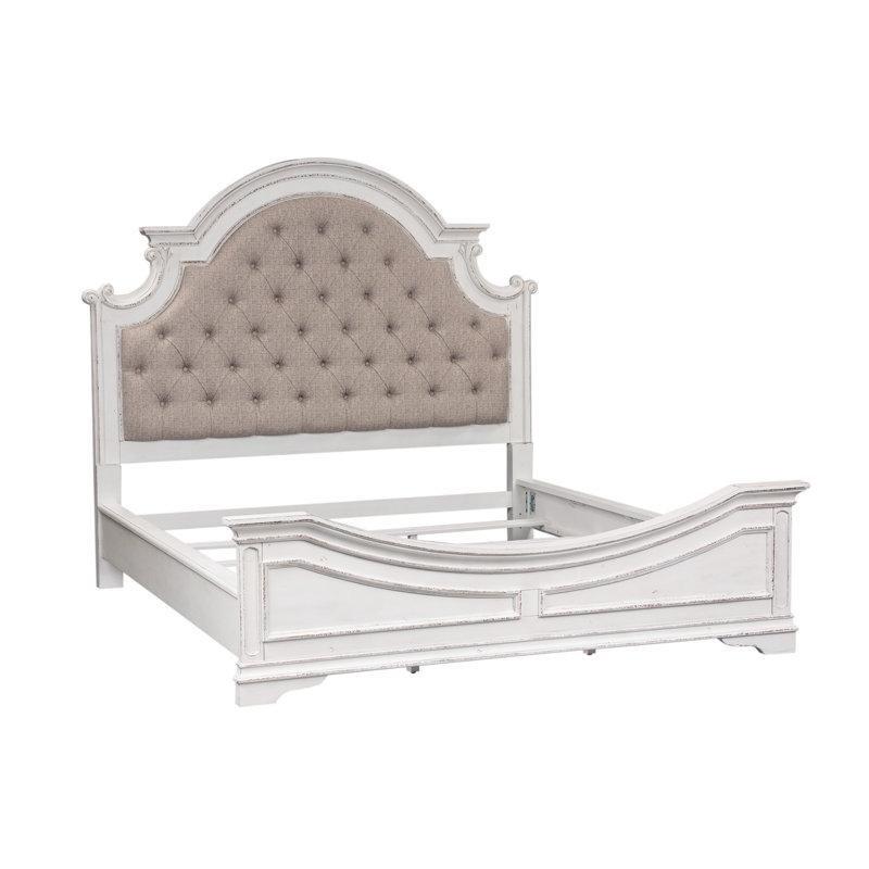 Antik Beyaz Masif Ahşap ve Şönil Kapitone Başlıklı Karyola - 173x224 cm - 142213