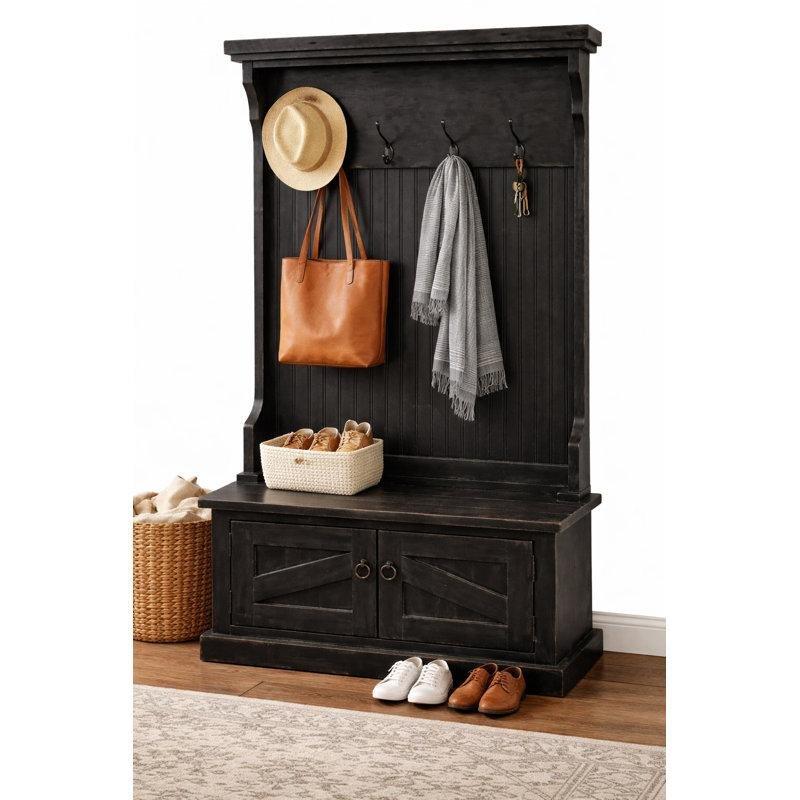 Antik Siyah Masif Ahşap Oturaklı ve Ayakkabılıklı Portmanto Vestiyer - 96 cm - 159592