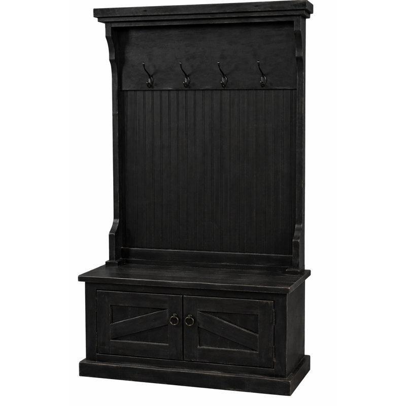 Antik Siyah Masif Ahşap Oturaklı ve Ayakkabılıklı Portmanto Vestiyer - 96 cm - 159592