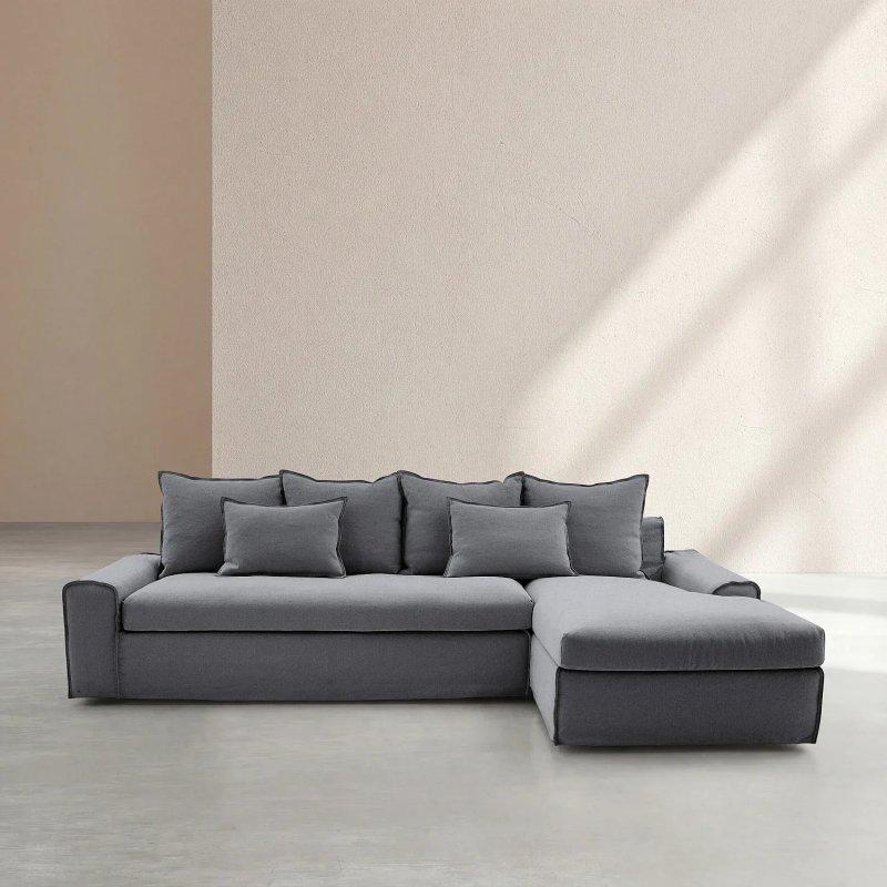 Antrasit Gri Keten ve Pamuk Kumaş Kuş Tüyü Dolgulu Kılıfı Çıkarılabilir Sağ Köşe Koltuk - 303x163 cm - 154566