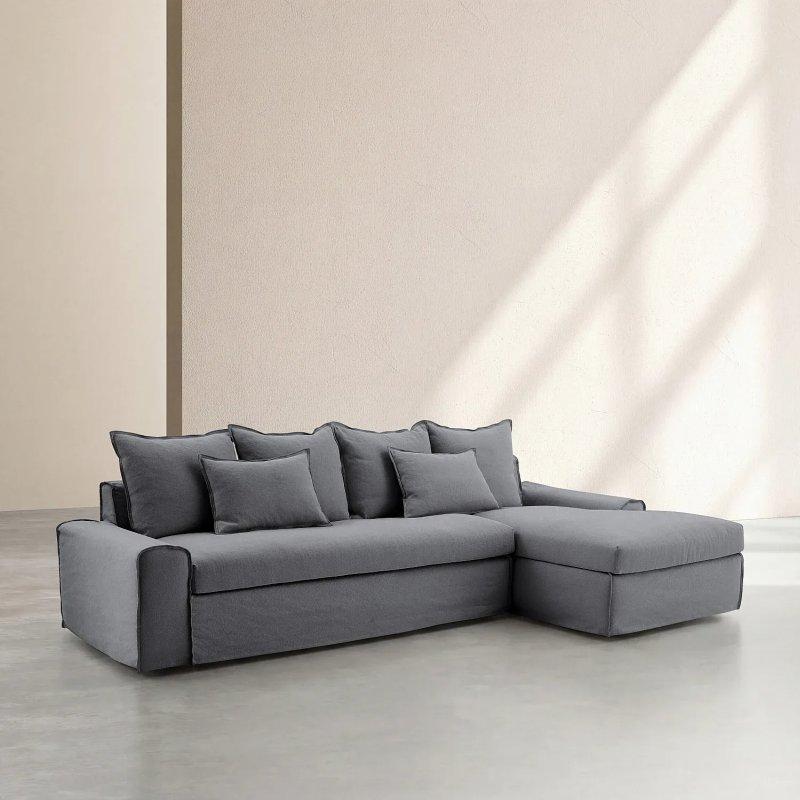 Antrasit Gri Keten ve Pamuk Kumaş Kuş Tüyü Dolgulu Kılıfı Çıkarılabilir Sağ Köşe Koltuk - 303x163 cm - 154566