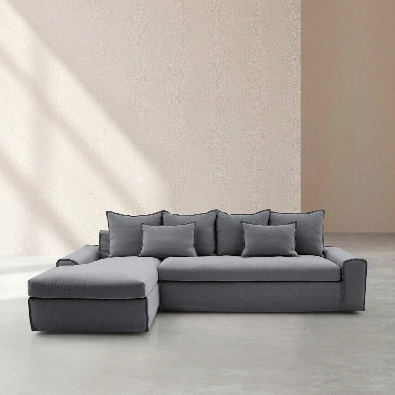 Antrasit Gri Pamuk ve Keten Kumaş Kuş Tüyü Dolgulu Kılıfı Çıkarılabilir Sol Köşe Koltuk - 303x163 cm - 154573