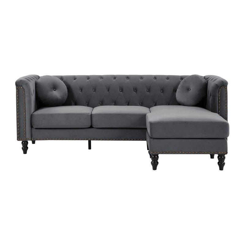 Antrasit Kadife Zımba Detaylı Yönü Değiştirilebilir Chester Köşe Koltuk - 222x144 cm - 155839