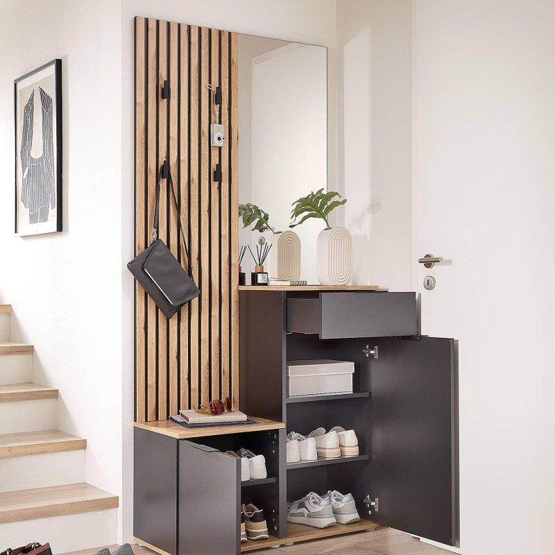 Antrasit Sunta Aynalı Çekmeceli Oturaklı Portmanto Vestiyer - 88x195 cm - 159103