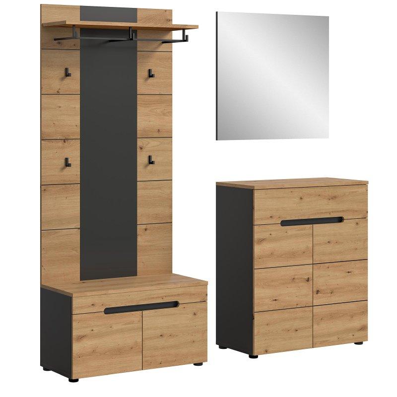 Antrasit ve Artizan Meşe Suntalam Aynalı Oturaklı Çekmeceli 4 Parçalı Portmanto Vestiyer Seti - 175x190 cm - 159265