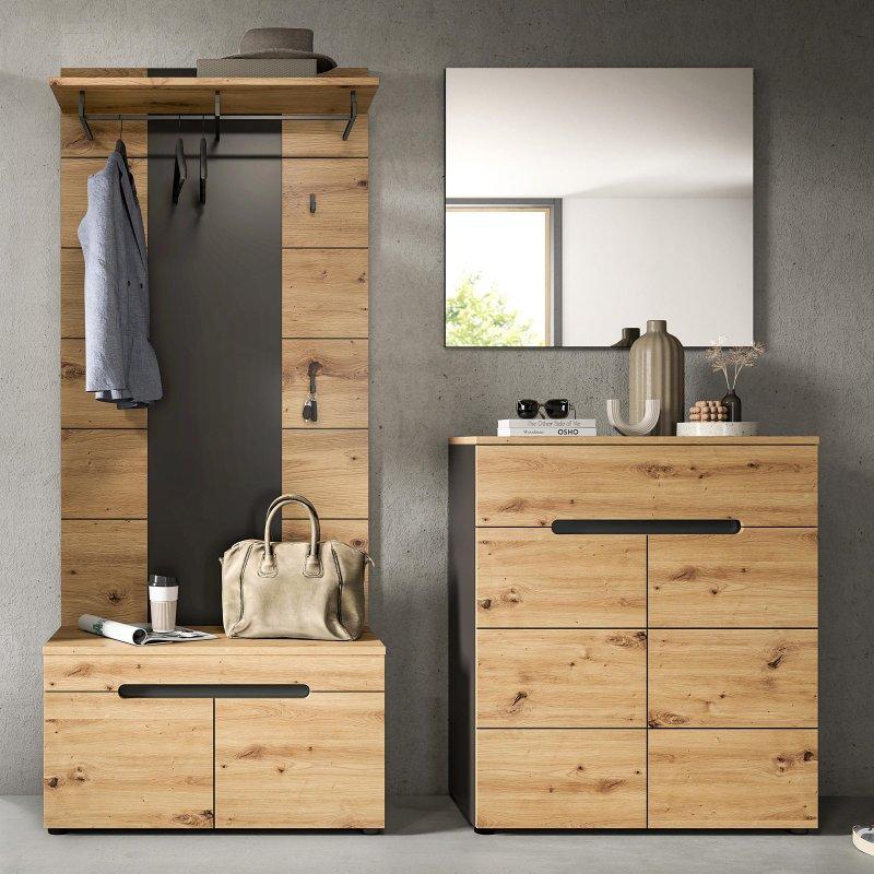 Antrasit ve Artizan Meşe Suntalam Aynalı Oturaklı Çekmeceli 4 Parçalı Portmanto Vestiyer Seti - 175x190 cm - 159265