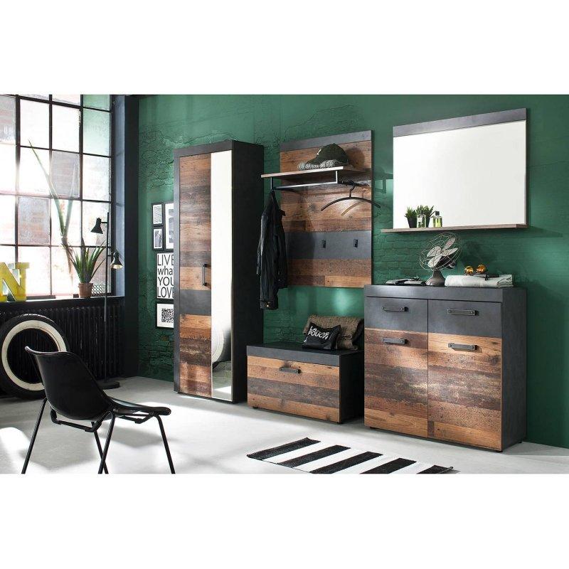 Antrasit ve Eskitme Ahşap Tasarım Oturaklı 2 Parçalı Portmanto Vestiyer - 80x192 cm - 158704