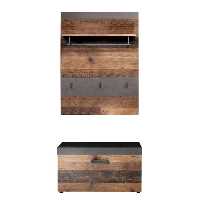 Antrasit ve Eskitme Ahşap Tasarım Oturaklı 2 Parçalı Portmanto Vestiyer - 80x192 cm - 158704