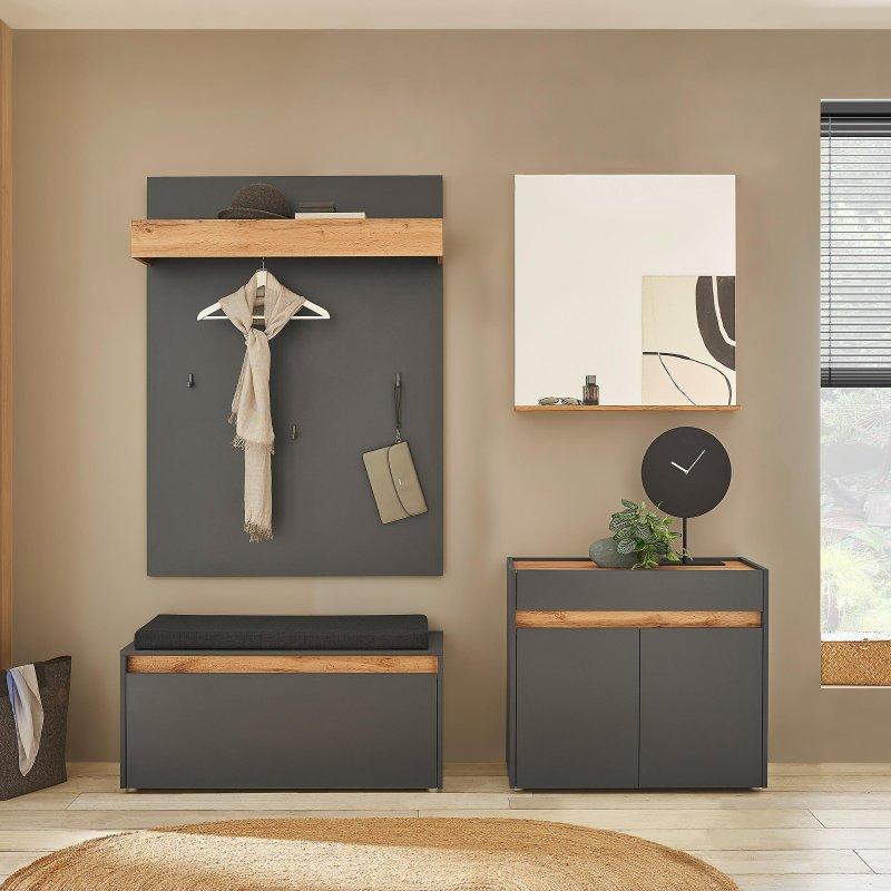 Antrasit ve Wotan Meşe Sunta Komodinli Aynalı Oturaklı Portmanto Vestiyer Seti - 240x200 cm - 159238