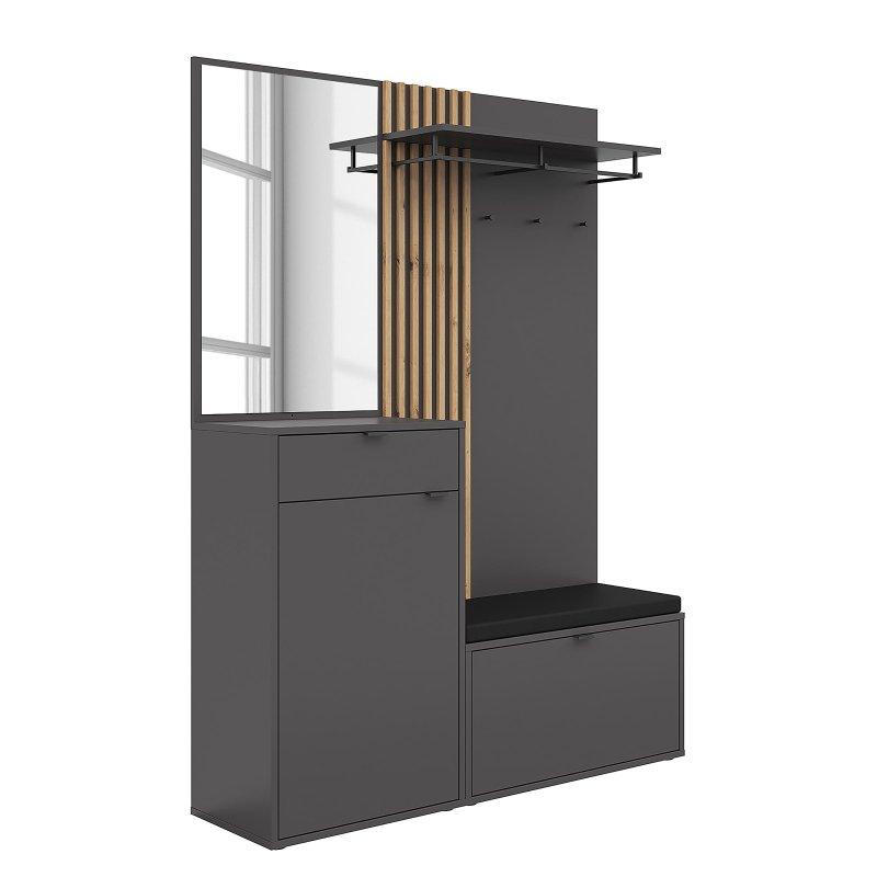 Antrasit ve Zanaatkar Meşe Dekor Suntalam Çekmeceli Kapaklı Portmanto Vestiyer - 144 cm - 159379