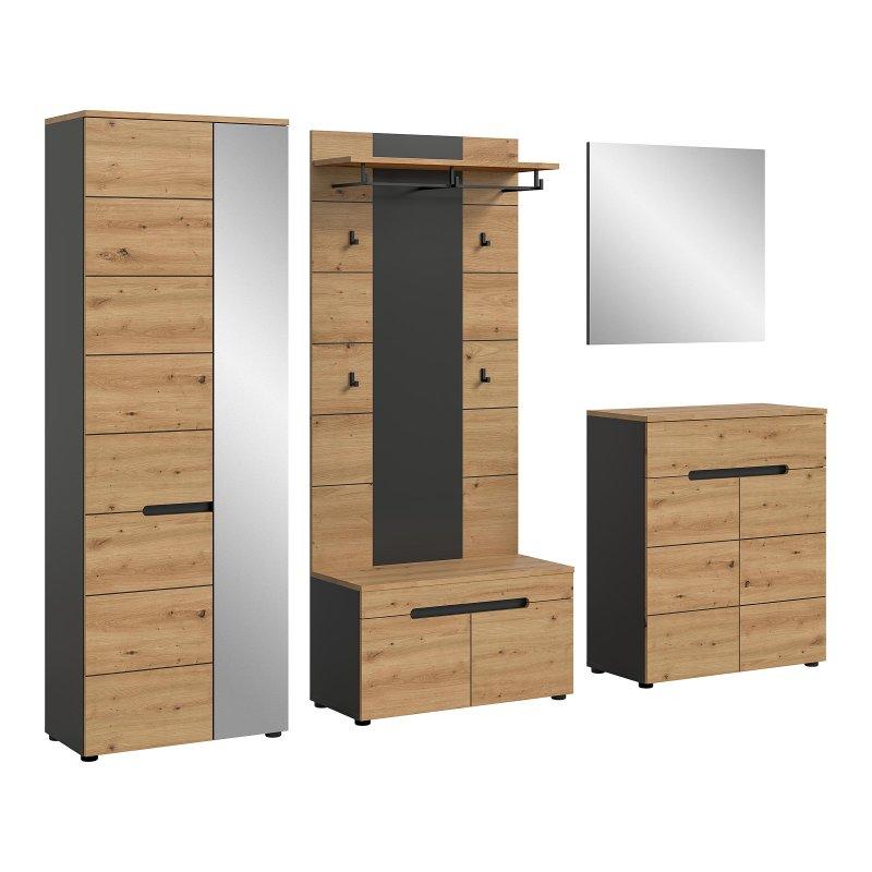 Antrasit ve Zanaatkar Meşe Rengi 5 Parçalı Aynalı Oturaklı Suntalam Portmanto Vestiyer Seti - 255x190x37 cm - 159226