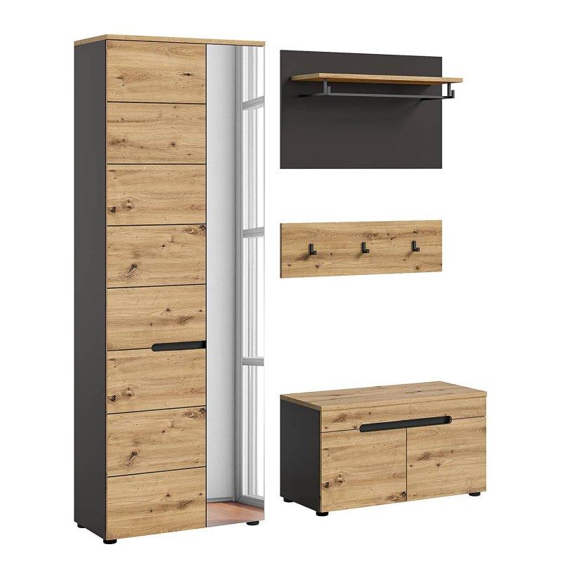 Antrasit ve Zanaatkar Meşe Suntalam Aynalı Oturaklı 4 Parçalı Portmanto Vestiyer Seti - 160x190x37 cm - 158968