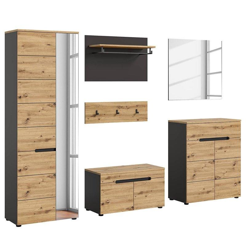 Artisan Meşe ve Antrasit 6 Parça Aynalı Oturaklı Portmanto Vestiyer Seti - 255 cm - 158962