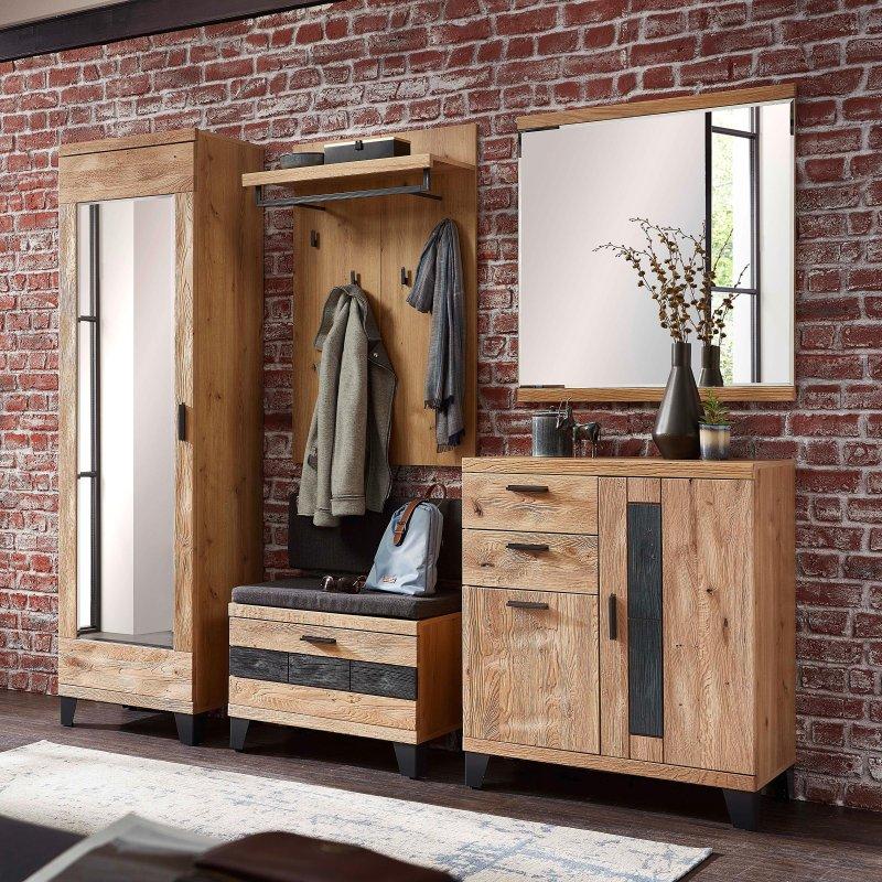 Artisan Meşe ve Antrasit Rengi 5 Parçalı Oturaklı Aynalı Portmanto Vestiyer - 245 cm - 159367