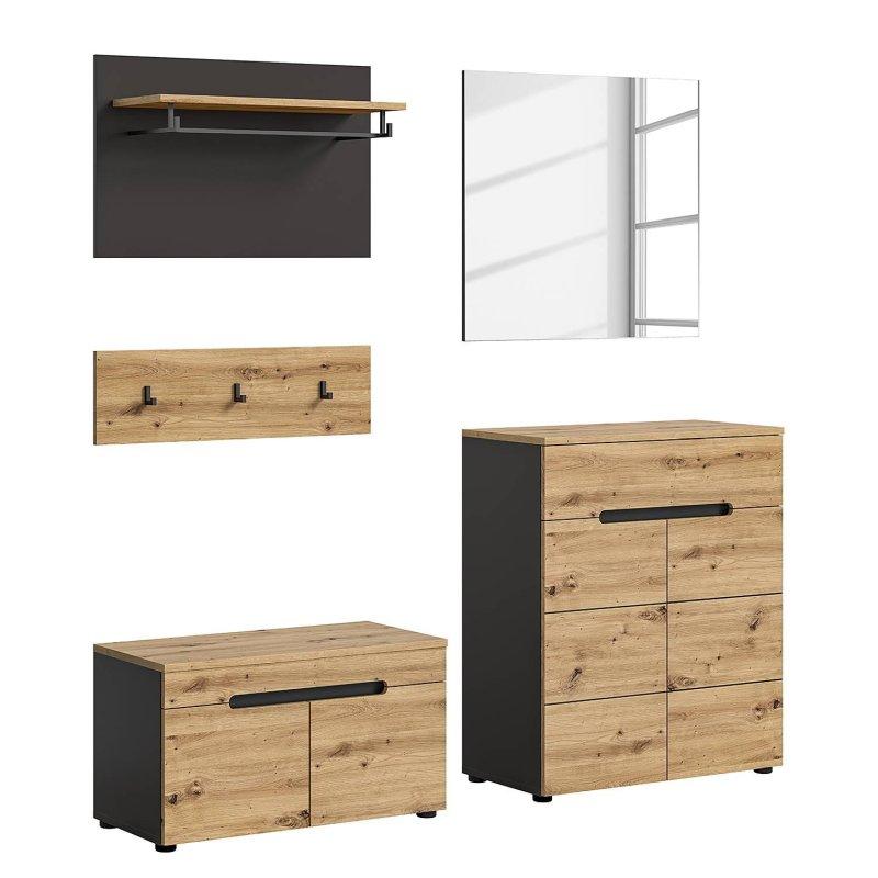 Artisan Meşe ve Antrasit Sunta 5 Parçalı Aynalı Oturaklı Portmanto Vestiyer - 175x180 cm - 159292
