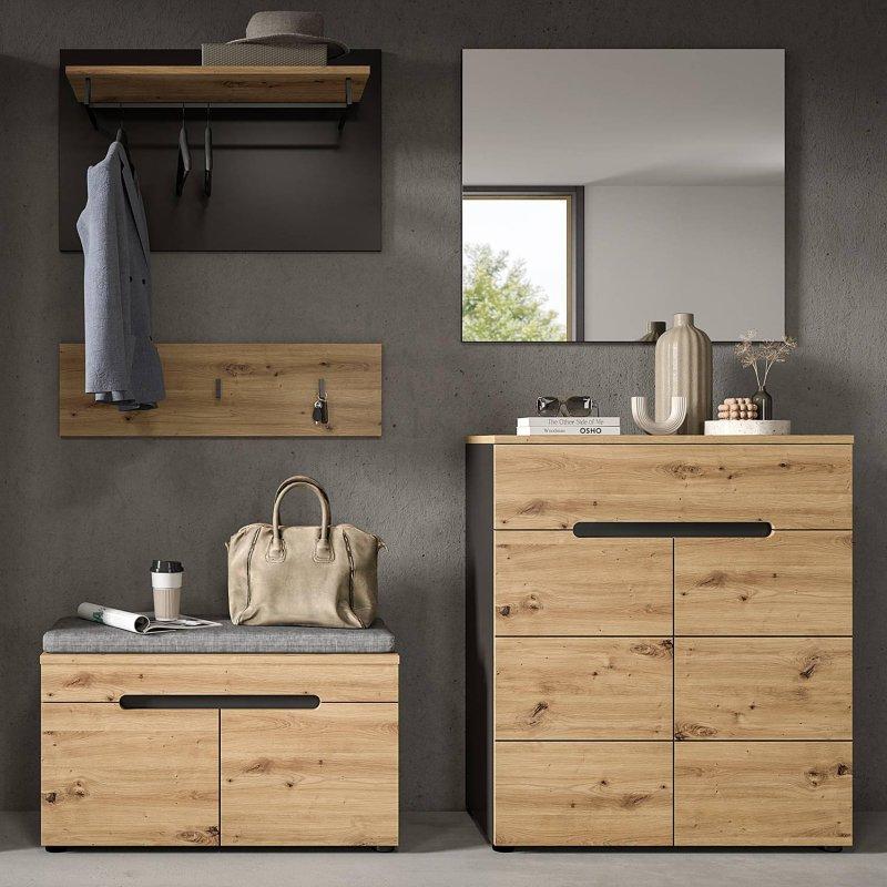 Artisan Meşe ve Antrasit Sunta 5 Parçalı Aynalı Oturaklı Portmanto Vestiyer - 175x180 cm - 159292