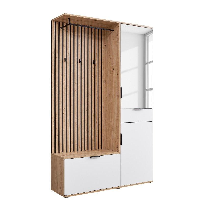 Artisan Meşe ve Beyaz Suntalam Aynalı Oturaklı Çekmeceli Portmanto Vestiyer - 122x195x35 cm - 159097