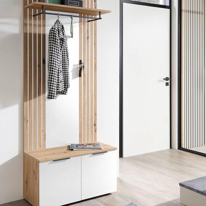 Artisan Meşe ve Beyaz Suntalam Çıtalı Oturaklı Portmanto Vestiyer - 80x195 cm - 158956