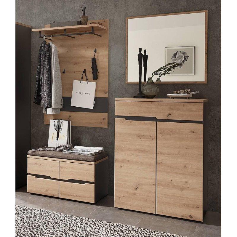 Artisan Meşe ve Grafit Oturaklı Çekmeceli 3 Parçalı Portmanto Vestiyer Seti - 160 cm - 159046