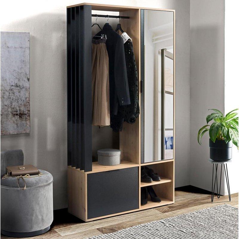 Aynalı Çekmeceli Çıtalı Ahşap Portmanto Vestiyer - 100x189 cm - 158686