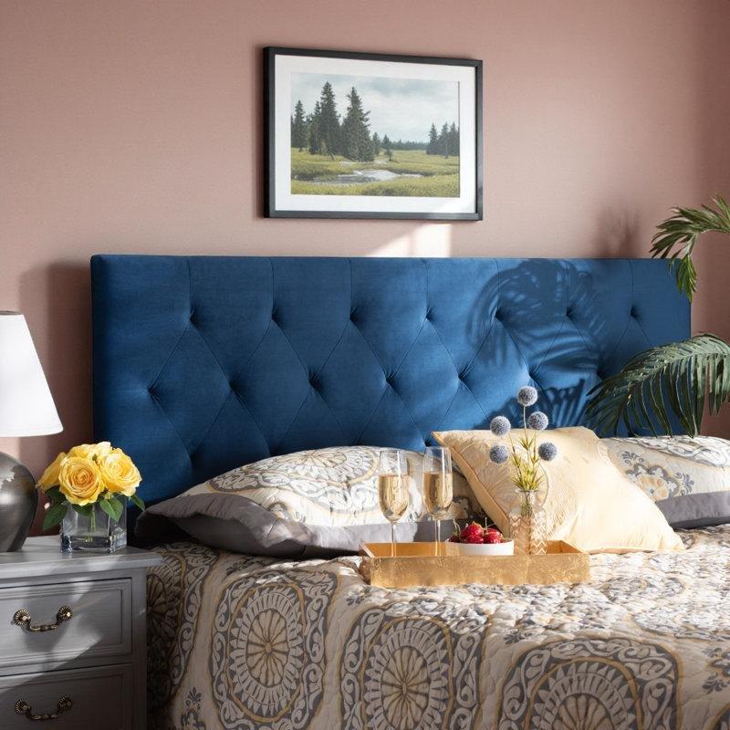 Baklava Dilimi Kapitoneli Yüksekliği Ayarlanabilir Kadife Lacivert Yatak Başlığı - 146 cm - 145050