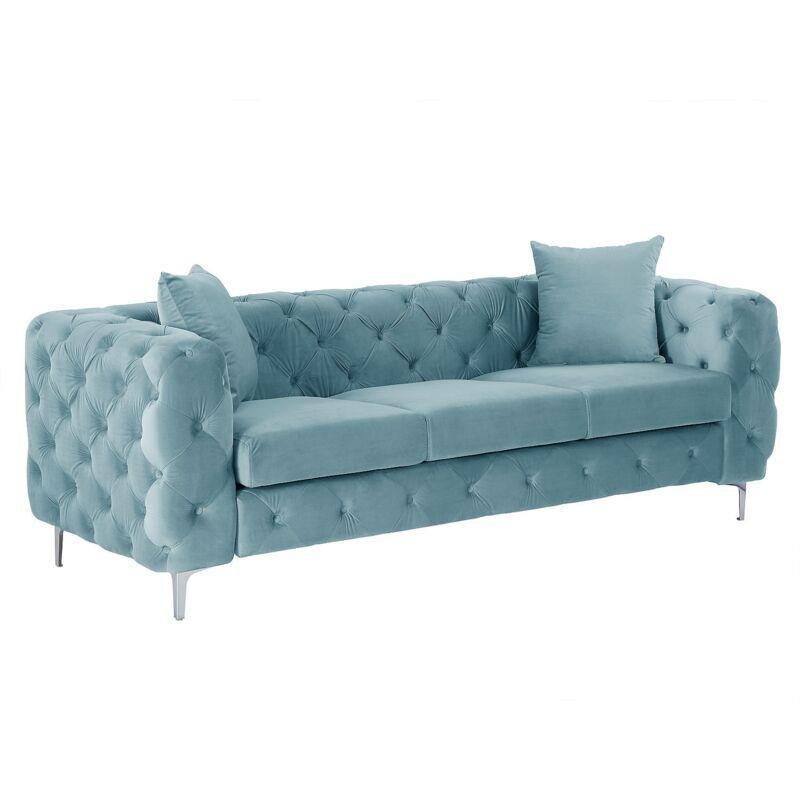 Bebek Mavisi Kadife Metal Ayaklı Kapitoneli Chesterfield 3 Kişilik Koltuk - 220x91x76 cm - 152570