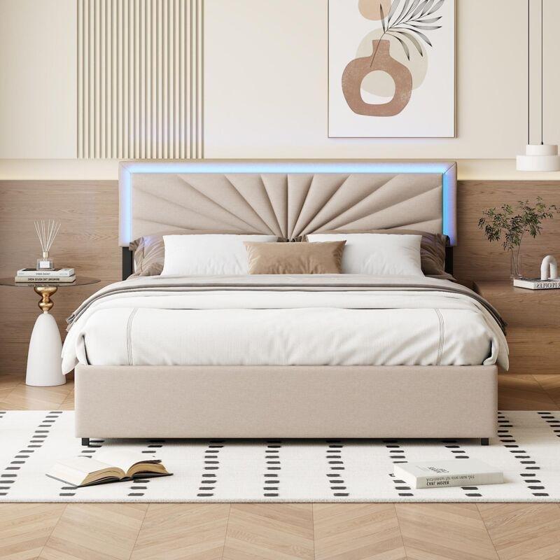 Bej Ahşap LED Aydınlatmalı 4 Çekmeceli Kapitoneli Baza - 140x200 cm - 143888