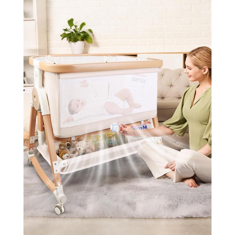Bej Alüminyum Katlanabilir Tekerlekli Cibinlikli 4ü 1 Arada Anne Yanı Beşik - 102x61 cm - 161848