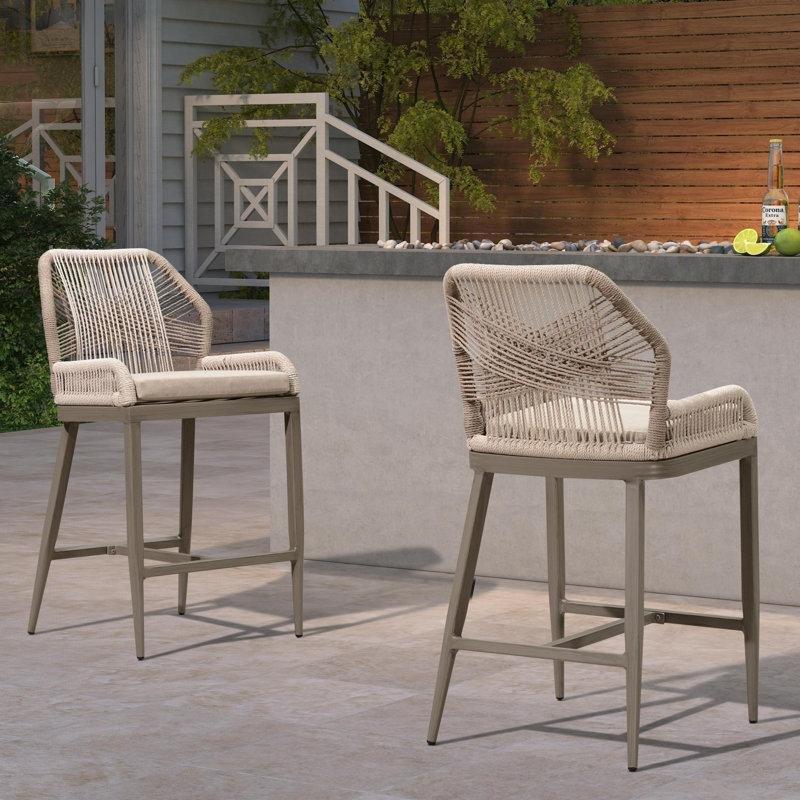 Bej Alüminyum Kolçaklı Dış Mekan 2li Set Hasır Bar Sandalyesi - 63 cm - 148278