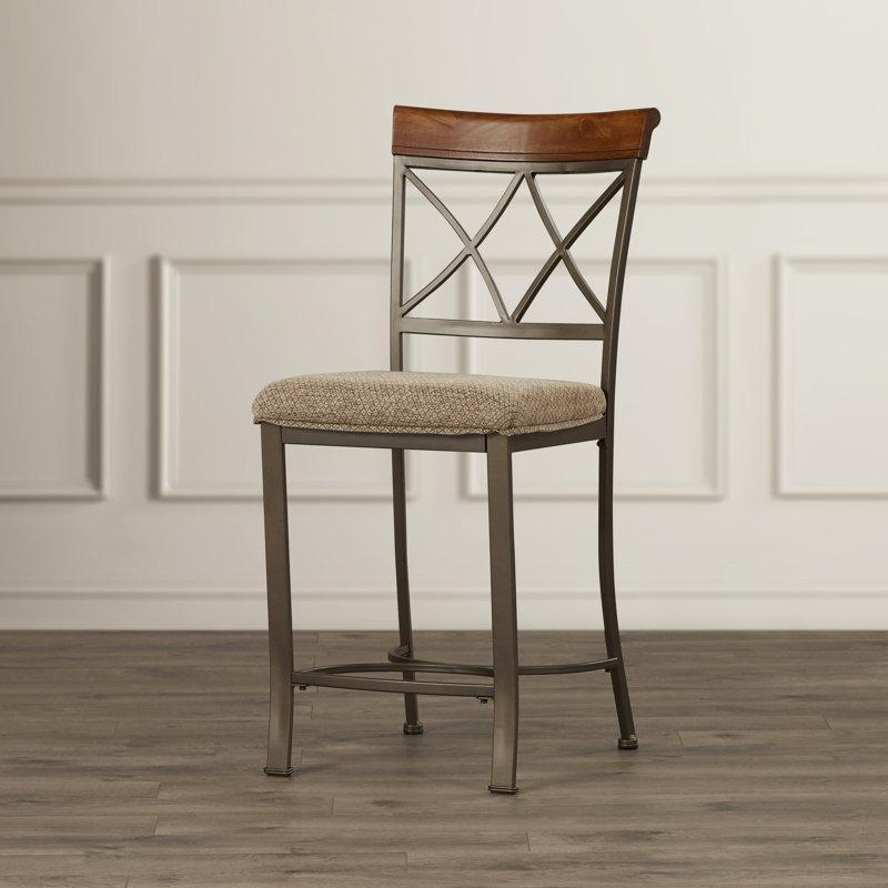 Bej Baklava Desenli Döşemeli Ahşap Sırtlıklı Ferforje Bar Sandalyesi - 61 cm - 148773