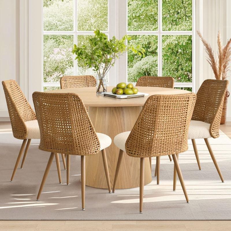 Bej Bukle Kumaş Metal Ayaklı El Yapımı Sırtlı 6lı Rattan Sandalye Seti - 146322