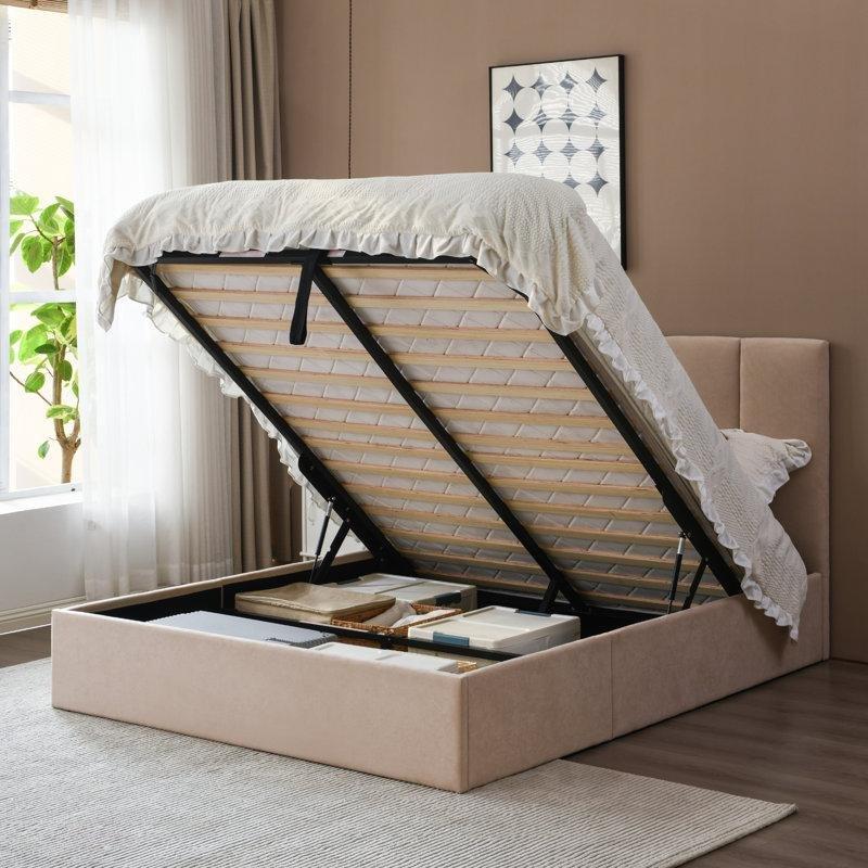 Bej Buklet Kumaş Hidrolik Bazalı Kanatlı Başlıklı Karyola - 160x200 cm - 143524